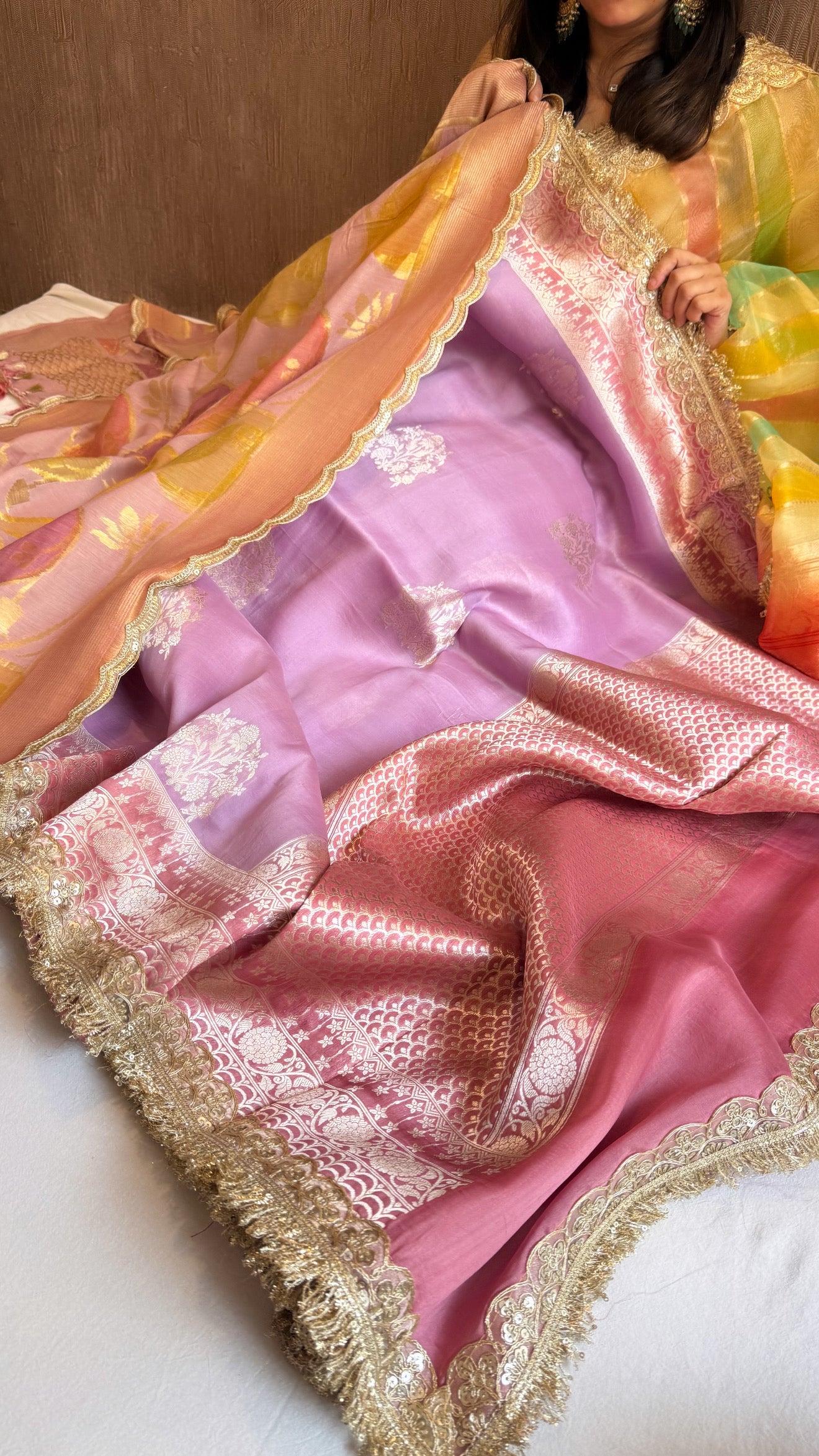 Kora silk dye contrast border saree kadhwa saree with moonga silk duppata